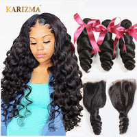 Karizma Brazilian Hair Weave Bundles With Closure 5X5 Lace Brazilian Loose Wave 3 Bundles With Closure Non Remy 100% Human Hair